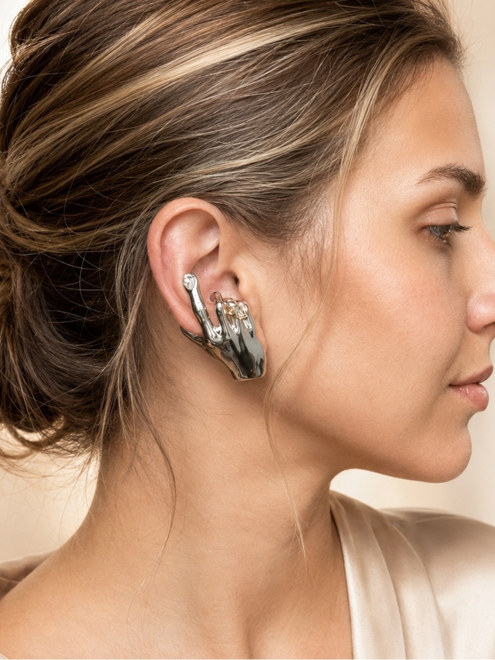 Sculpted Hand Silver Ear Cuff - Elegant Women's Jewelry